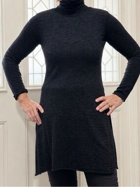 ZARA Knit Black Turtleneck Long Tunic Sweater Side Slits M